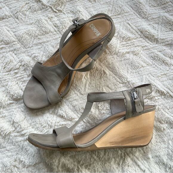 Camper Grey Leather Wedge Sandals - Picture 1 of 8